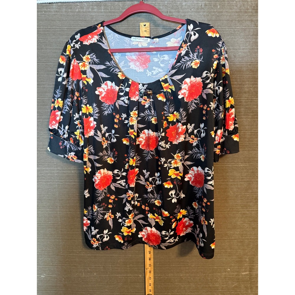 Notations Woman Floral Scoop Neck Pleated Blouse Black Red Yellow 1X